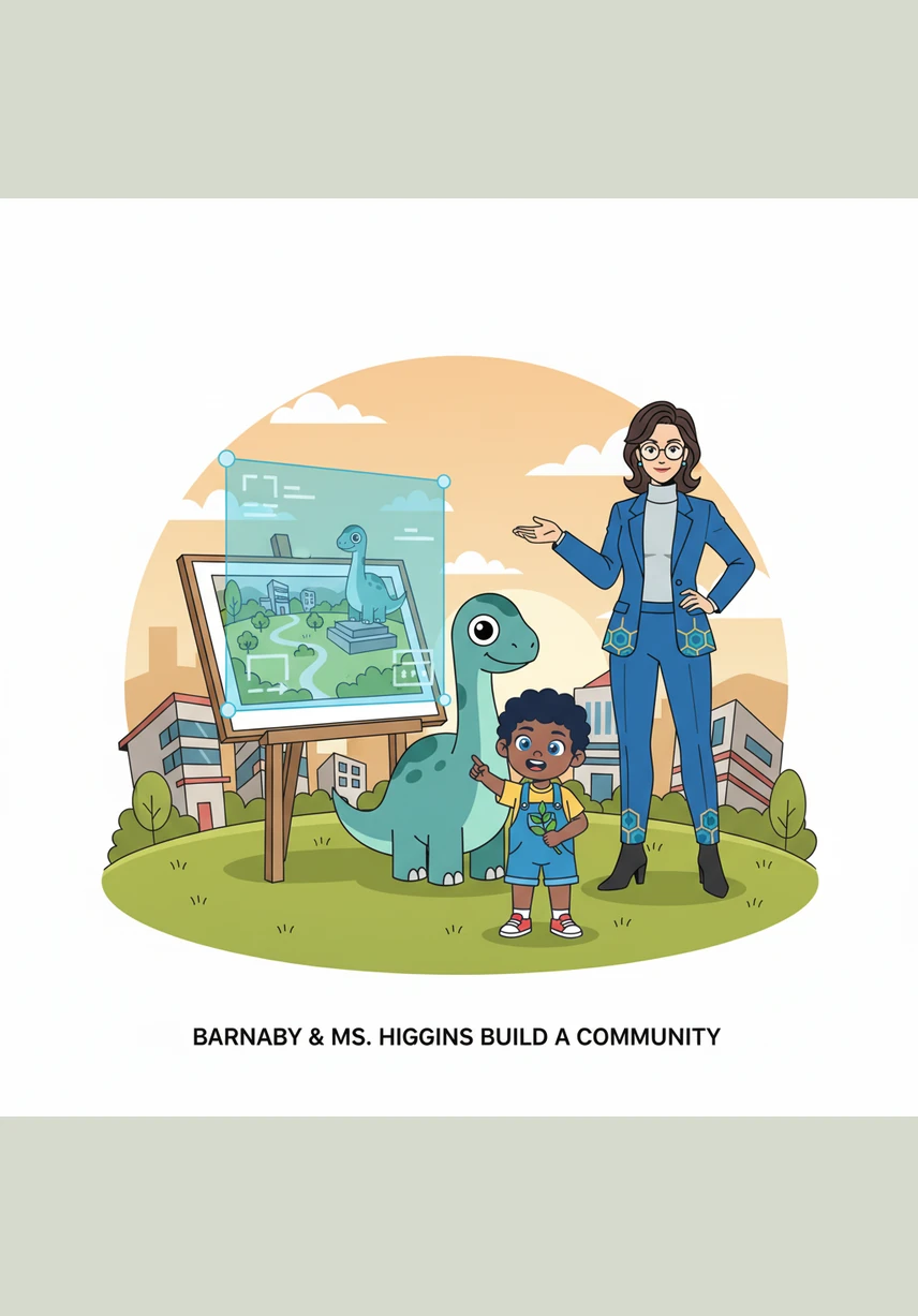 With a gentle nudge, Barnaby pushed the heavy oak doors open, his long neck curling into the cozy, book-filled room. Ms. Higgins, the librarian, stared up from her desk, her spectacles slipping to the tip of her nose in pure amazement as the dinosaur offered a tiny library card.