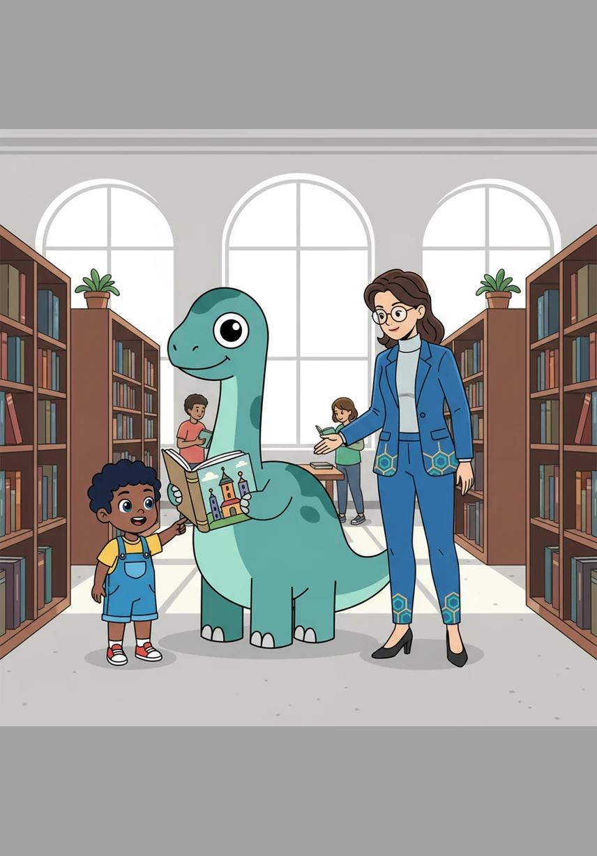 A bright idea sparked in Barnaby's mind, and he hurried back to the library with a determined wag of his tail. He stretched his neck upward, reaching the high balcony perfectly, and let out a happy, low whistle to get the children's attention.