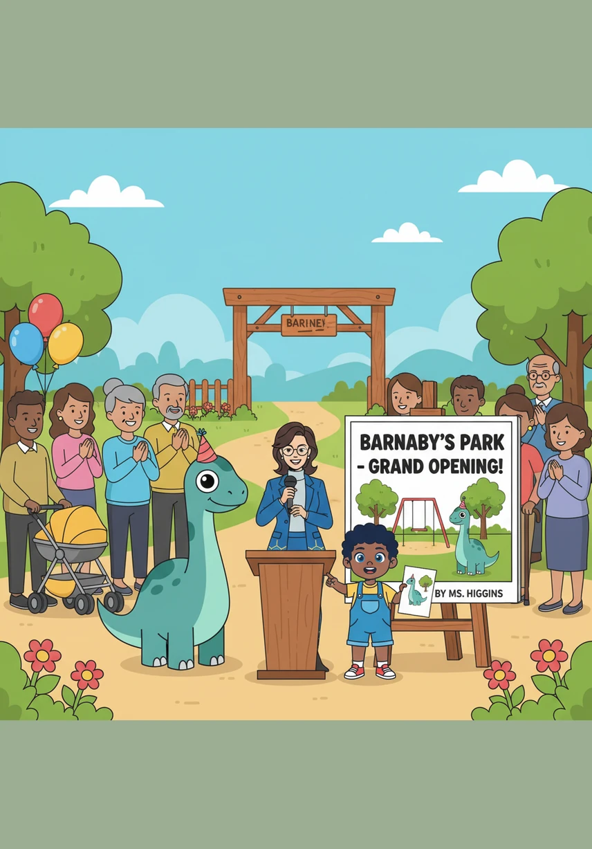 The next day, the Mayor arrived to present Barnaby with a shimmering golden medal shaped like a giant bookmark. The whole town gathered to cheer for their new Chief Library Assistant, and Barnaby let out a joyful rumble that sounded like a happy song.