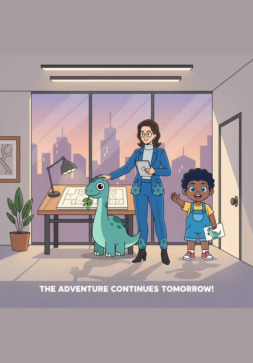 As the moon rose over the library, Barnaby curled up in his special spot outside the window, feeling perfectly at home. With a giant book tucked under his chin and a heart full of happiness, the dinosaur librarian finally drifted off to sleep under the stars.