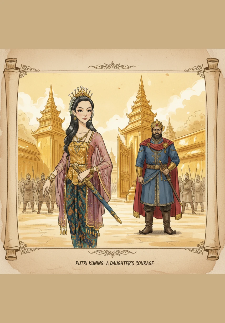 In front of a magnificent golden palace, Princess Yellow stands with a gentle smile under a bright, sunny sky filled with blooming flowers. This is the story of a young girl whose heart is as bright as her name.