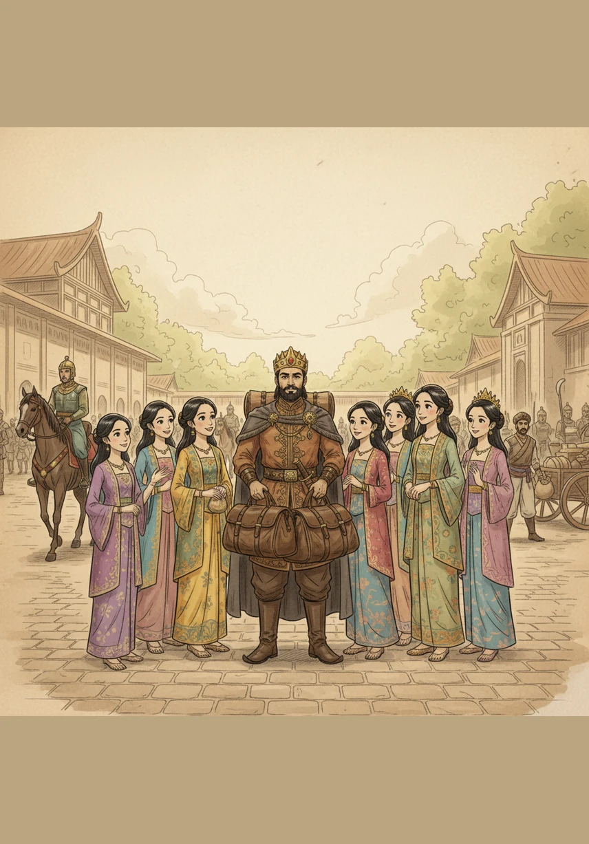 One morning, the King prepares for a long journey to a distant land, carrying his travel bags as his ten daughters gather around to say goodbye. The air is filled with excitement and the rustle of royal robes as the journey begins.