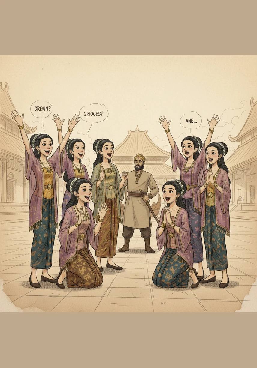 Nine of the princesses excitedly wave their hands, shouting out long lists of expensive silks and sparkling jewels they want their father to bring back. Their faces are full of greed and anticipation for their promised gifts.