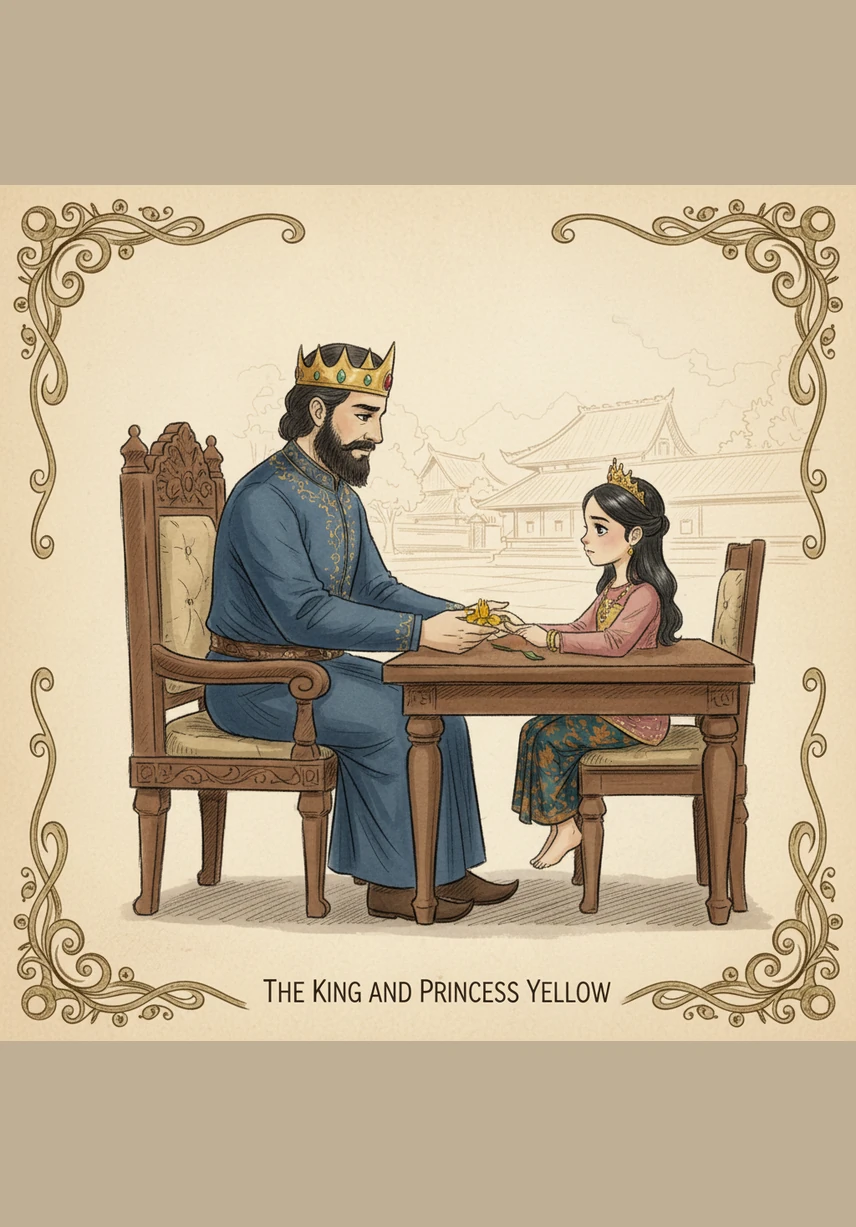 When the King asks Princess Yellow what she desires, she simply smiles and says she only wishes for his safe return. The King looks deeply moved by her selfless love and gentle spirit, holding her hands tenderly.