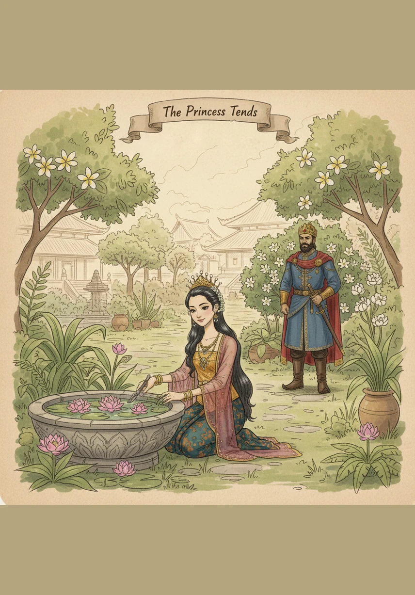 While her father is away, Princess Yellow spends her days busily tending to the palace gardens and watering the vibrant flowers. She is a hardworking girl who finds joy in being helpful and keeping the kingdom beautiful.
