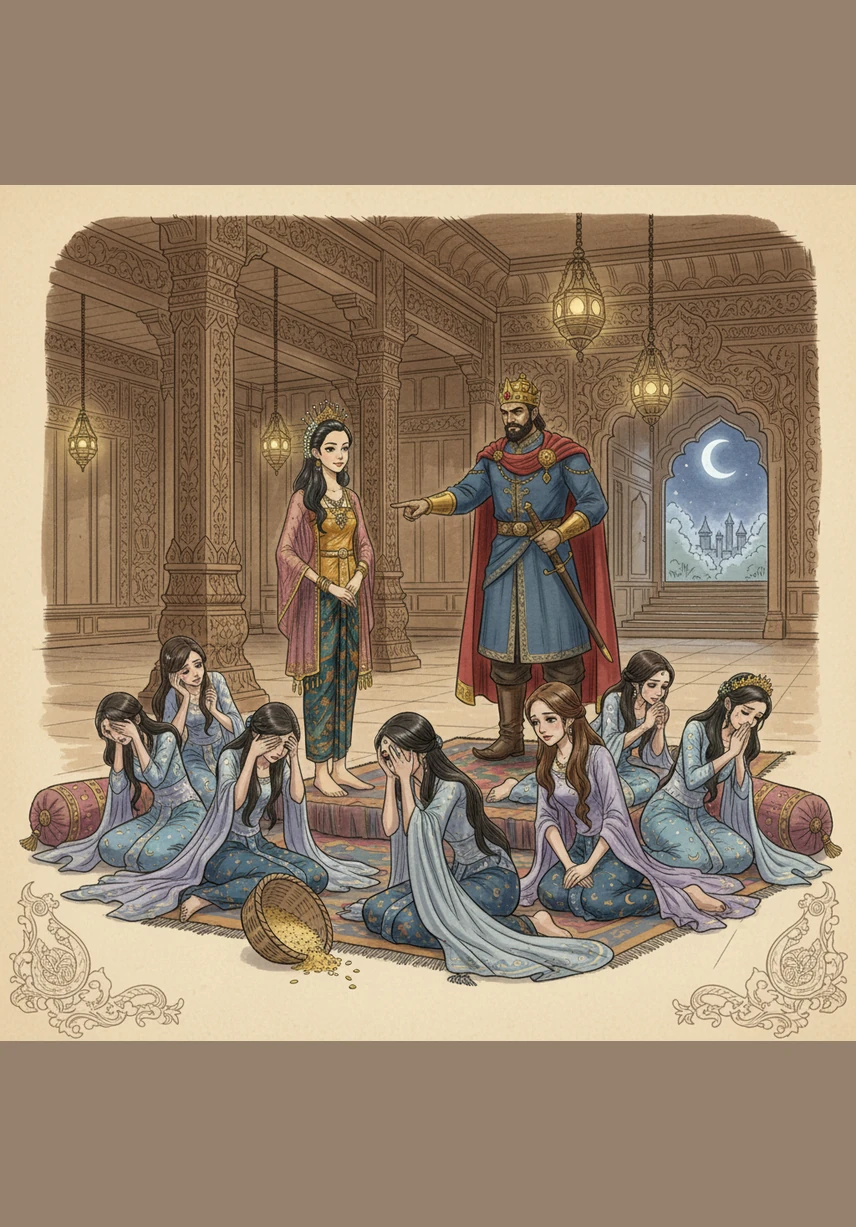 In contrast, her nine sisters spend their time lounging lazily on silk cushions, ignoring their chores and showing no care for the palace. They ignore their sister's hard work, thinking only of the riches that will soon arrive.