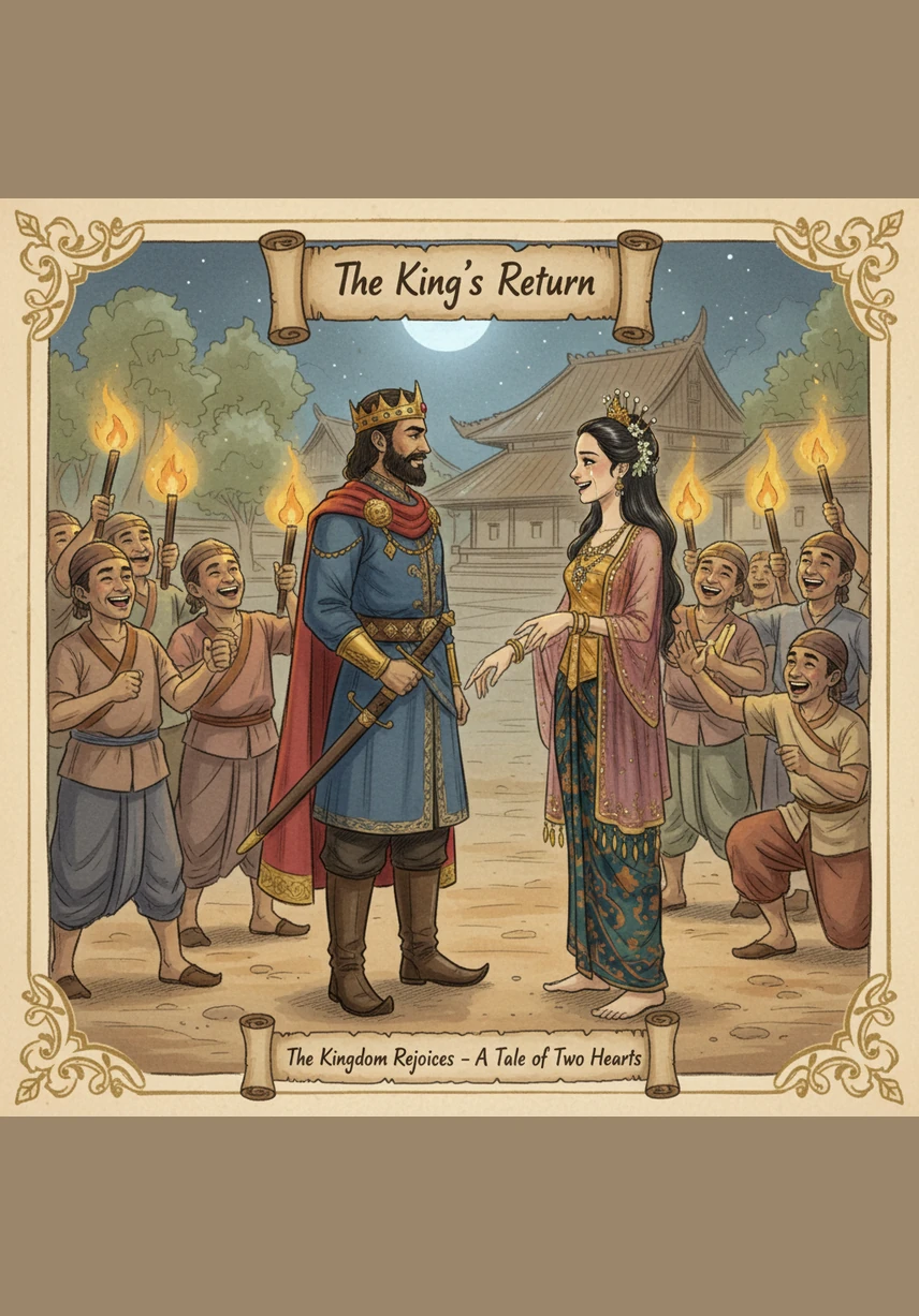 Finally, the day arrives when the King returns to the palace gates, his carriage laden with treasures from his long journey. The entire kingdom gathers to welcome their ruler home after his long absence.