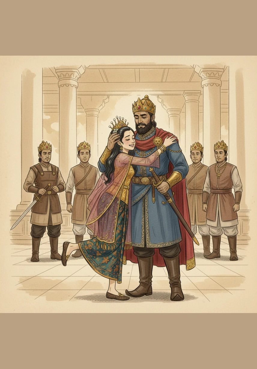 Princess Yellow runs to her father and wraps him in a warm, heartfelt hug, showing that his safety is the greatest gift she could ever receive. The King holds her close, cherishing her genuine affection above all else.