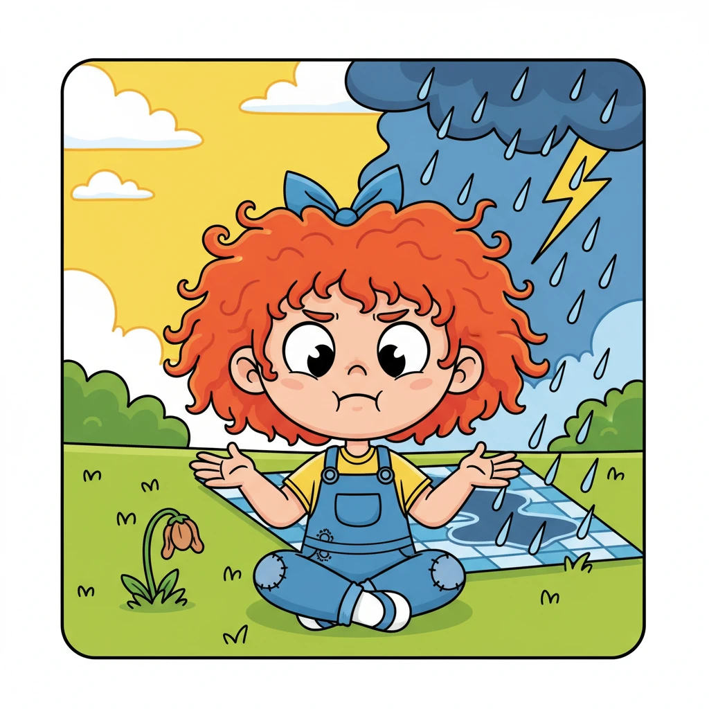 Izzy, a small, bright-eyed inventor with a shock of curly red hair, sits cross-legged in her sun-drenched garden. A tiny, wilted flower droops beside her, while in the background, a picnic blanket is suddenly soaked by an unexpected downpour. Her face shows a mix of curiosity and frustration at the unpredictable weather.