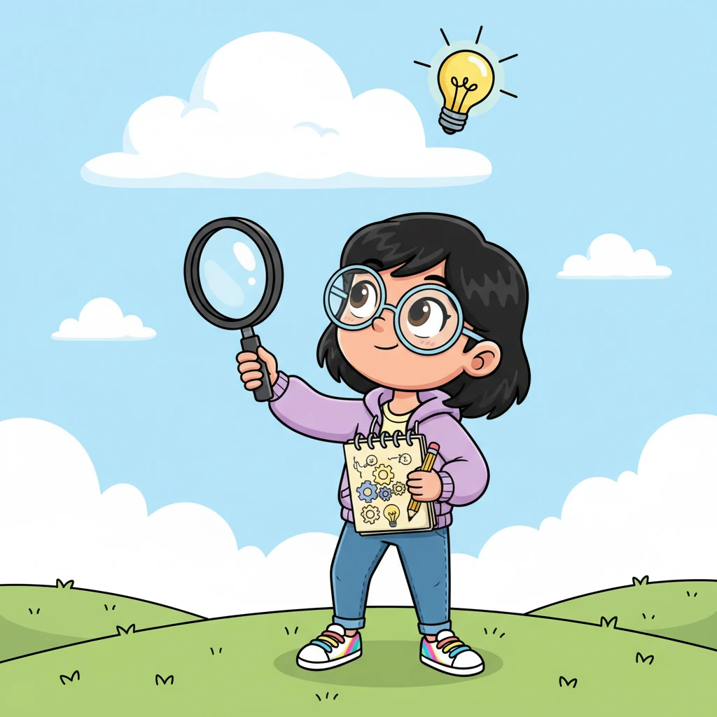 Izzy gazes up at the sky, her mind buzzing with ideas. She points a tiny, oversized magnifying glass at a fluffy cloud, then excitedly scribbles in a notebook filled with whimsical drawings of gears and blinking lights. A lightbulb literally shines above her head, signaling her brilliant idea: "What if we could know when the rain is coming?"