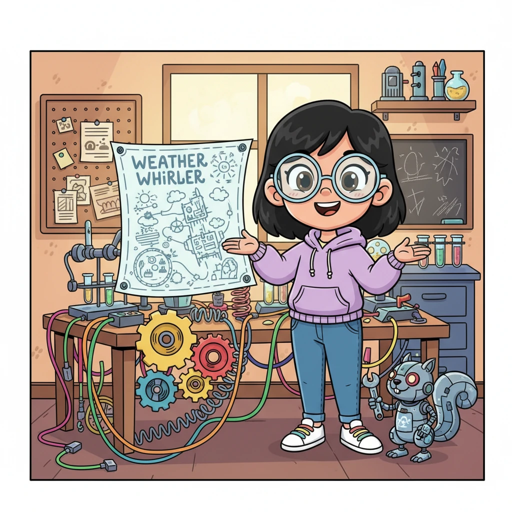Izzy's workshop is a joyful explosion of color and contraptions. Gears spin, springs bounce, and colorful wires crisscross a workbench. She stands proudly beside a blueprint that looks more like a fantastical map, outlining her vision for a "Weather Whirler" – a machine to predict the rain. Her pet robot-squirrel, Sparky, holds a tiny wrench.