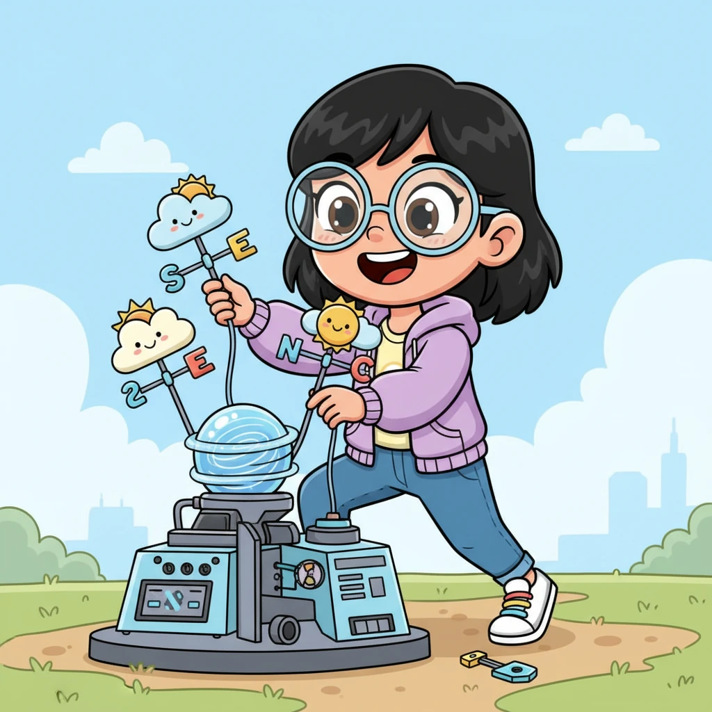 With a cheerful hum, Izzy meticulously assembles the "brains" of her machine. She connects brightly colored "data-collecting" weather vanes shaped like smiling clouds and suns, which will send information to a central, spinning crystal orb. Each part is oversized and friendly-looking, making the complex process seem like playful construction.