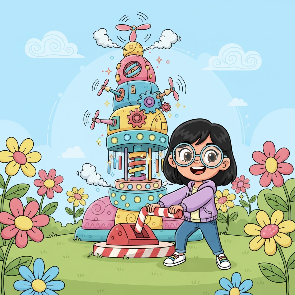 The "Weather Whirler" stands tall in Izzy's garden, a magnificent, whimsical tower of spinning parts, blinking lights, and musical chimes. Izzy, with a determined grin, flips a giant, candy-striped switch. The machine whirs to life, its gears turning and lights flashing in a symphony of joyful anticipation.
