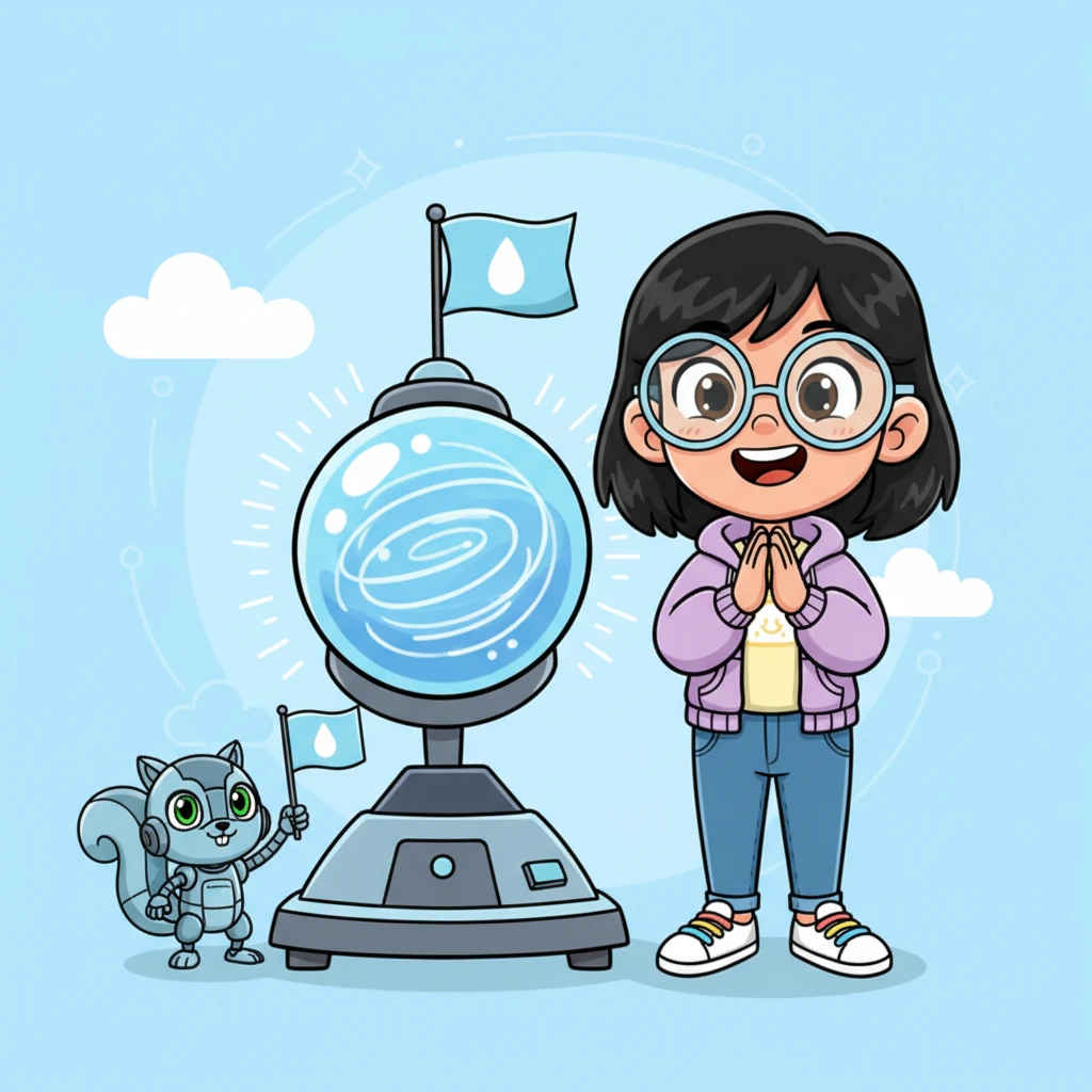 A moment of truth! The crystal orb in the center of the Weather Whirler glows a soft blue, and a small, cheerful flag pops up, displaying a tiny raindrop icon. Izzy claps her hands with delight, a triumphant smile spreading across her face. Her pet robot-squirrel, Sparky, cheers beside her, waving a miniature flag.