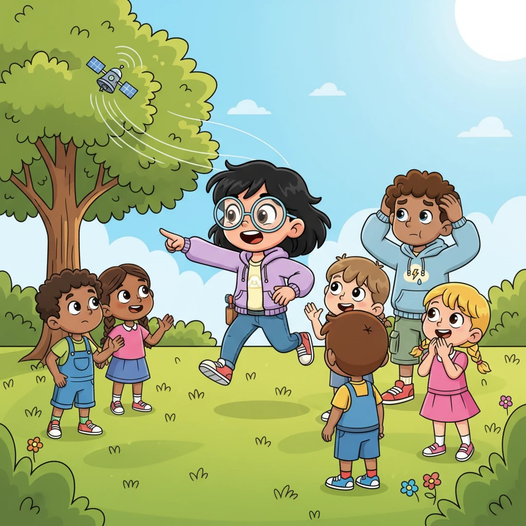Izzy rushes to tell her village friends, who are enjoying a sunny day at the park. "Rain soon!" she exclaims, pointing to her Whirler in the distance. Some friends look puzzled, others chuckle good-naturedly, but a few curious children gather around, intrigued by Izzy's unwavering confidence.