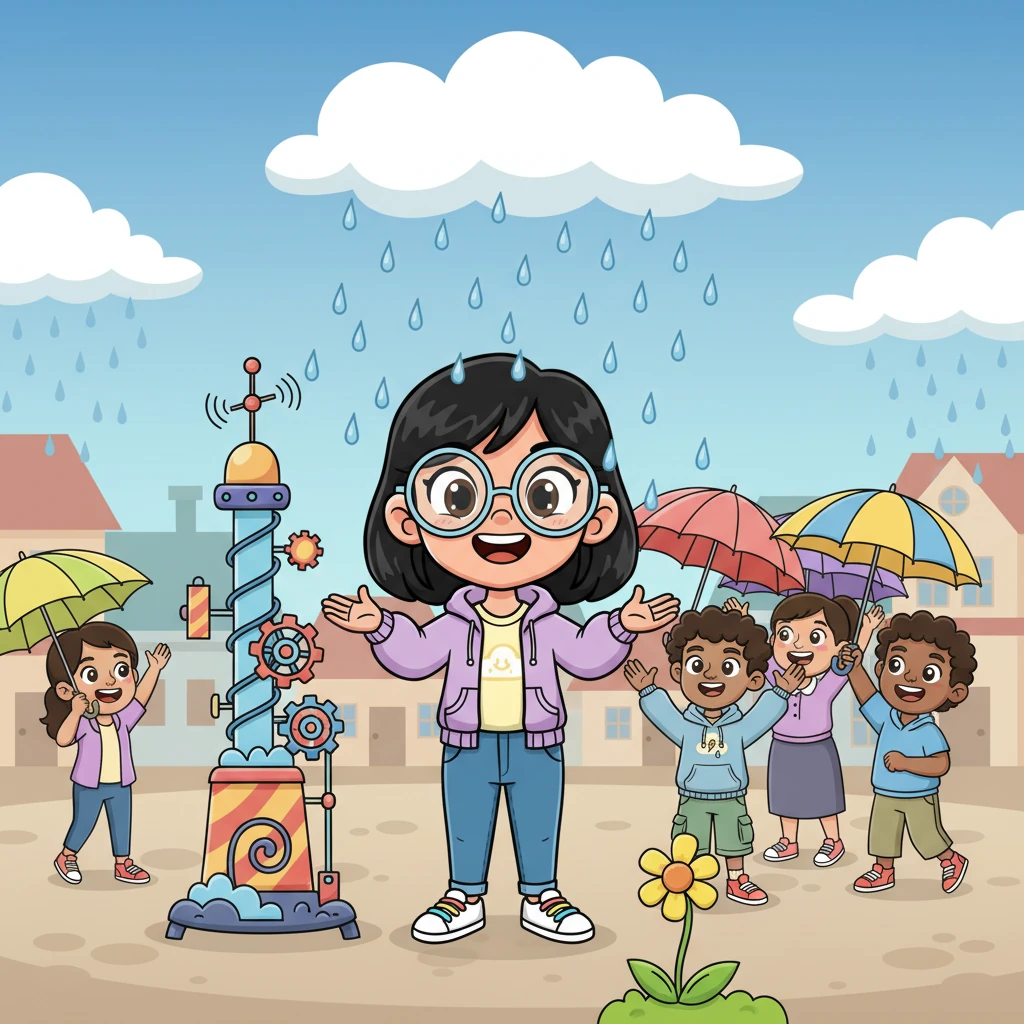 Just as Izzy predicted, fluffy cartoon clouds gather, and gentle raindrops begin to patter down. The villagers, initially surprised, quickly grab their umbrellas and cheer for Izzy, who stands beaming beside her successful Weather Whirler. The wilting flower from Scene 1 now looks refreshed and vibrant.