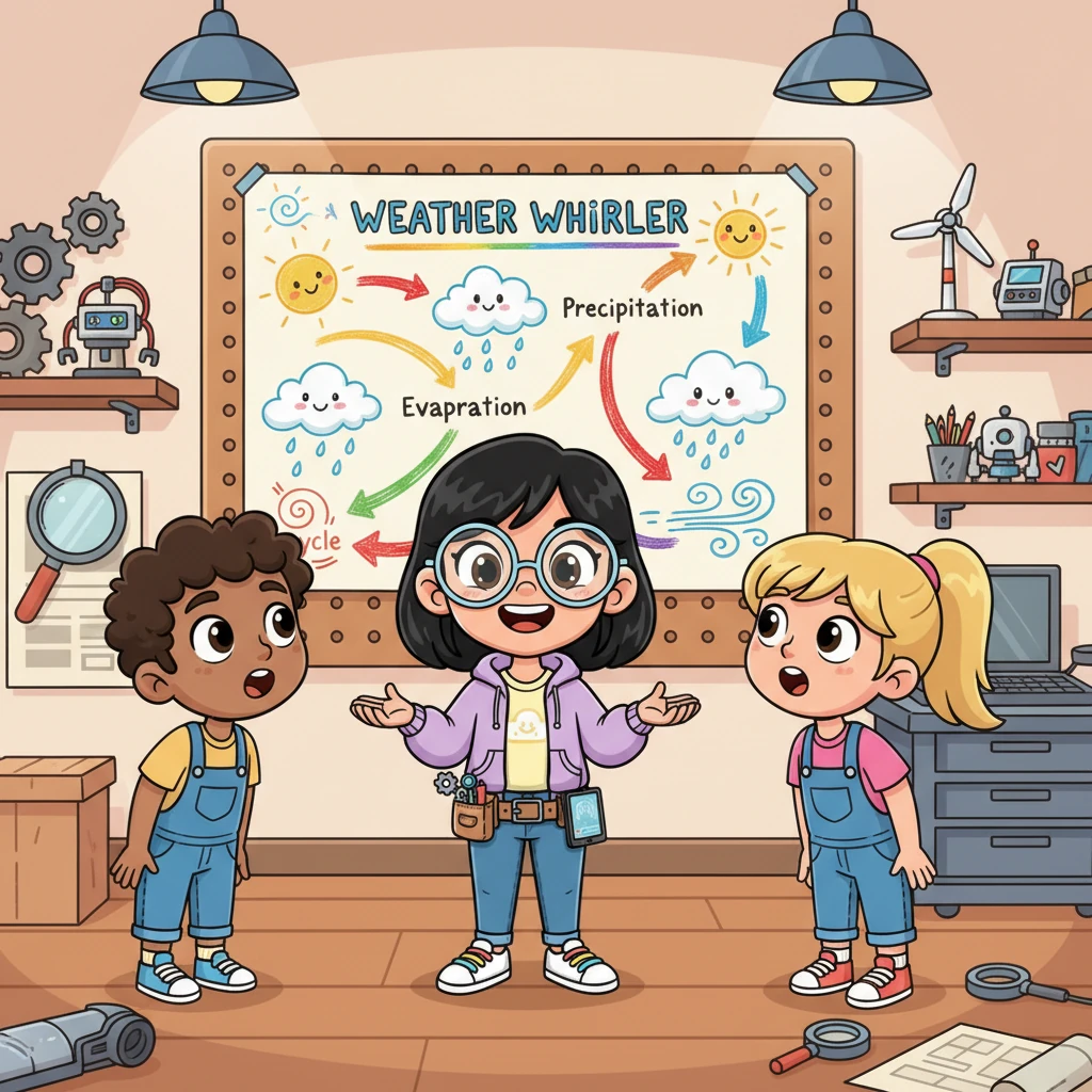 Inside her workshop, Izzy proudly shows her friends a simplified diagram of her Weather Whirler. It’s a playful chart with smiling suns, clouds, and raindrops connected by colorful arrows, explaining how each part works together to predict the weather. Her friends listen intently, their eyes wide with understanding.