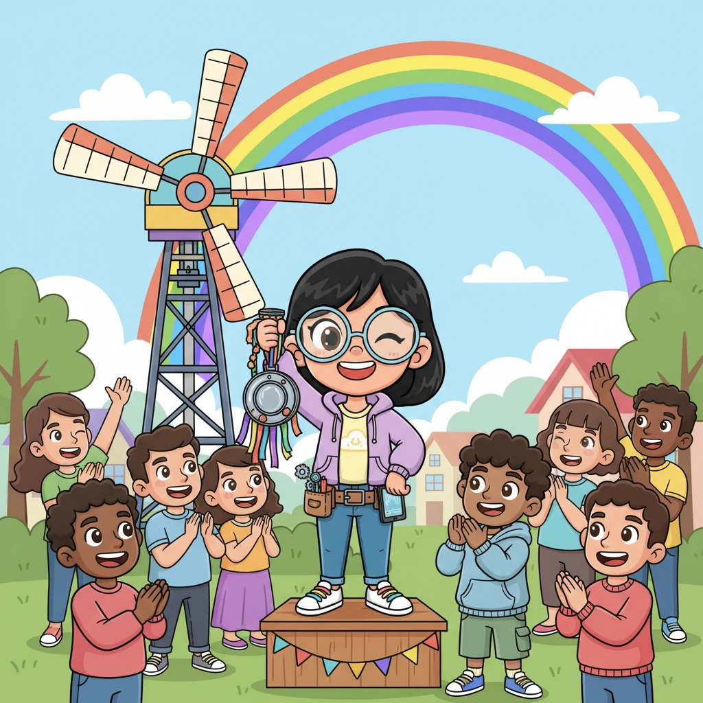 The village celebrates Izzy's genius! She stands on a small pedestal, receiving a medal made of shiny tin cans and ribbons, surrounded by happy villagers and a rainbow arching over her Weather Whirler. Izzy winks, already dreaming of her next big invention to help her community.