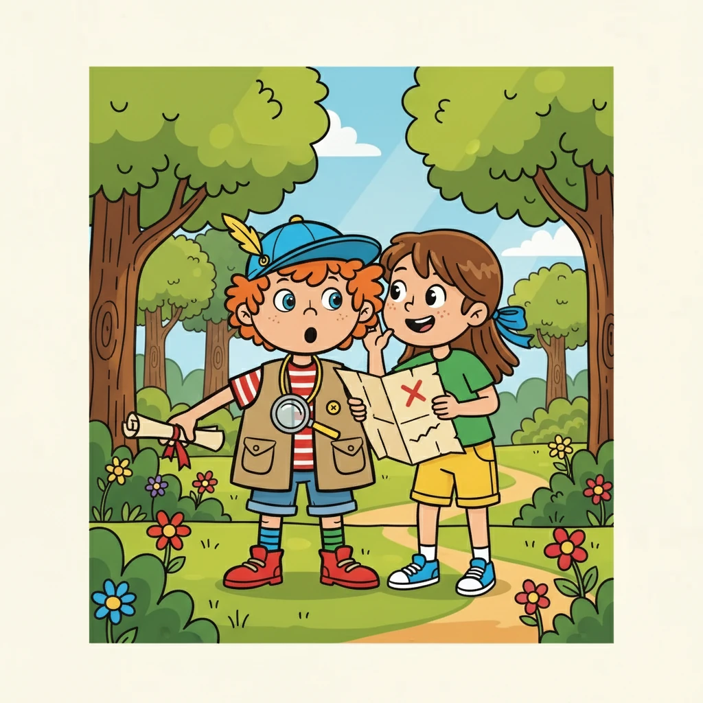 Inez, Truls bästa vän, sprang fram till honom med ett leende. Hon hade en karta i handen och viskade om en gömd skatt. Tillsammans bestämde de sig för att hitta den.