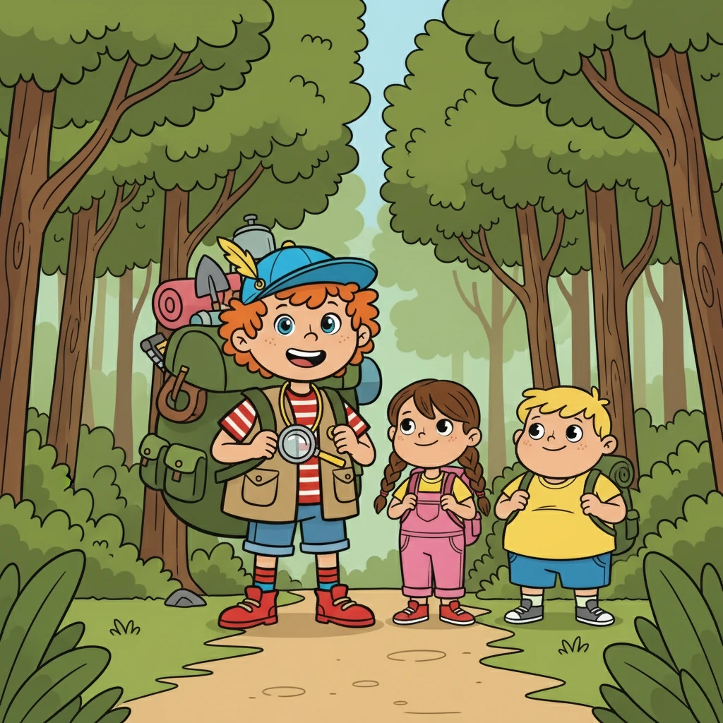 Herman, en modig och stark vän, mötte dem vid skogsbrynet. Han bar en stor ryggsäck full av matsäck och verktyg. De tre vännerna gav sig iväg in i skogen.