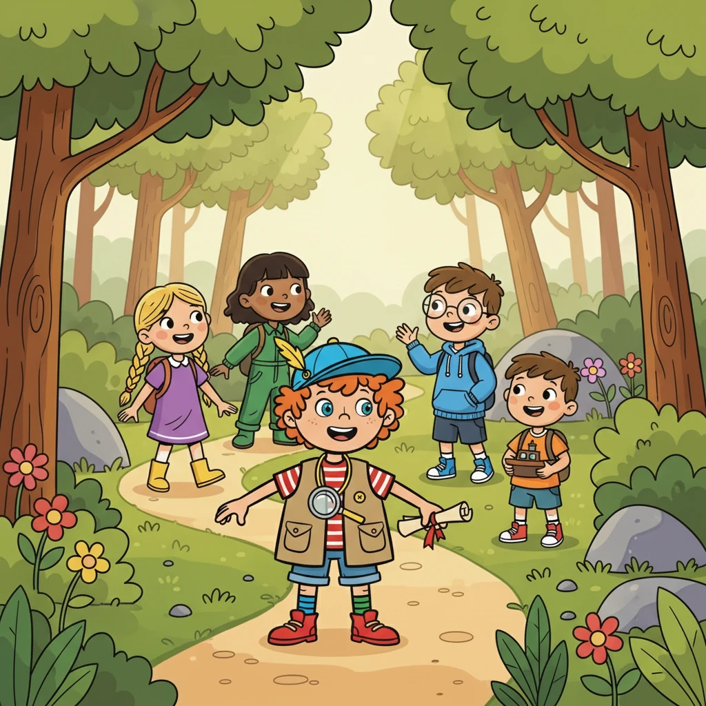 Joline, Junie, Ludvig och Ebbe anslöt sig till gruppen, alla lika ivriga att upptäcka. De vandrade längs en slingrande stig, skrattande och pratande.