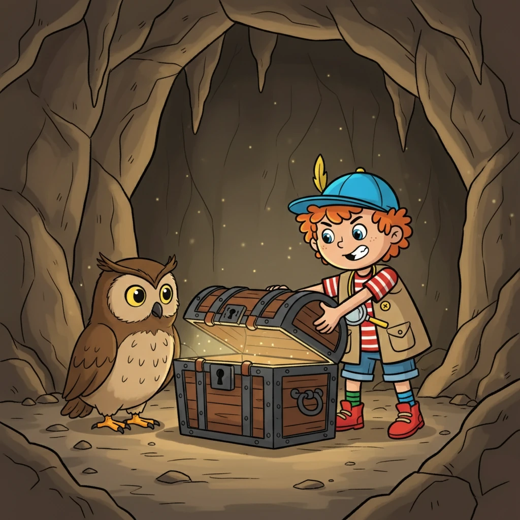 Ugglan ledde dem till en grotta. Inuti grottan hittade de en gammal kista. Med gemensamma krafter öppnade de kistan.