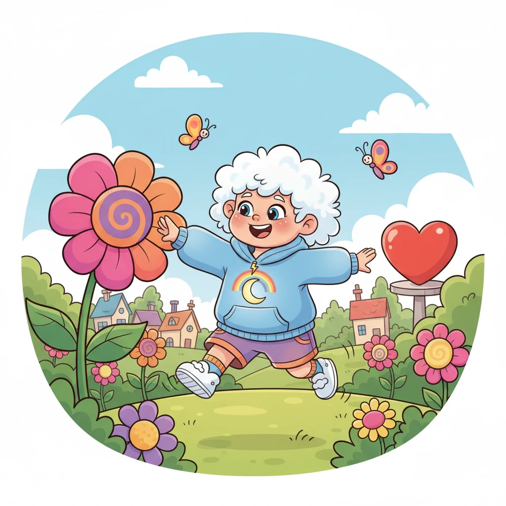 Cloudy, a fluffy white cloud creature with rosy cheeks, hummed happily as he strolled through a sun-drenched garden. Bright cartoon flowers bloomed in every color, and cheerful butterflies fluttered past. It was a perfect day for a peaceful walk among the vibrant greenery.
