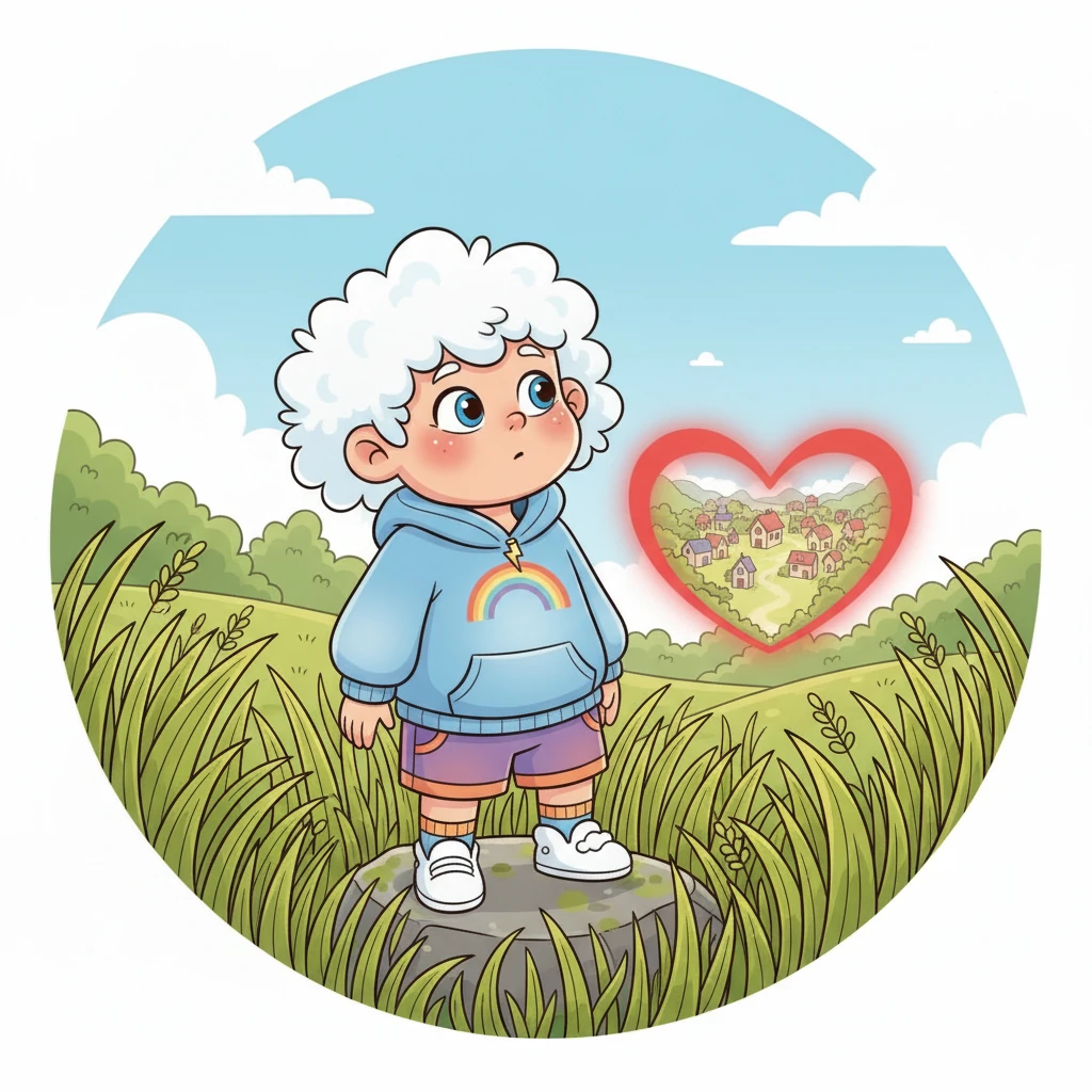 Suddenly, a tiny, faint sound reached Cloudy's ears, breaking the quiet harmony. He paused, his large, curious eyes widening slightly. Was that a little sniffle? He tilted his head, listening intently, his fluffy form still amidst the tall, swaying grass.