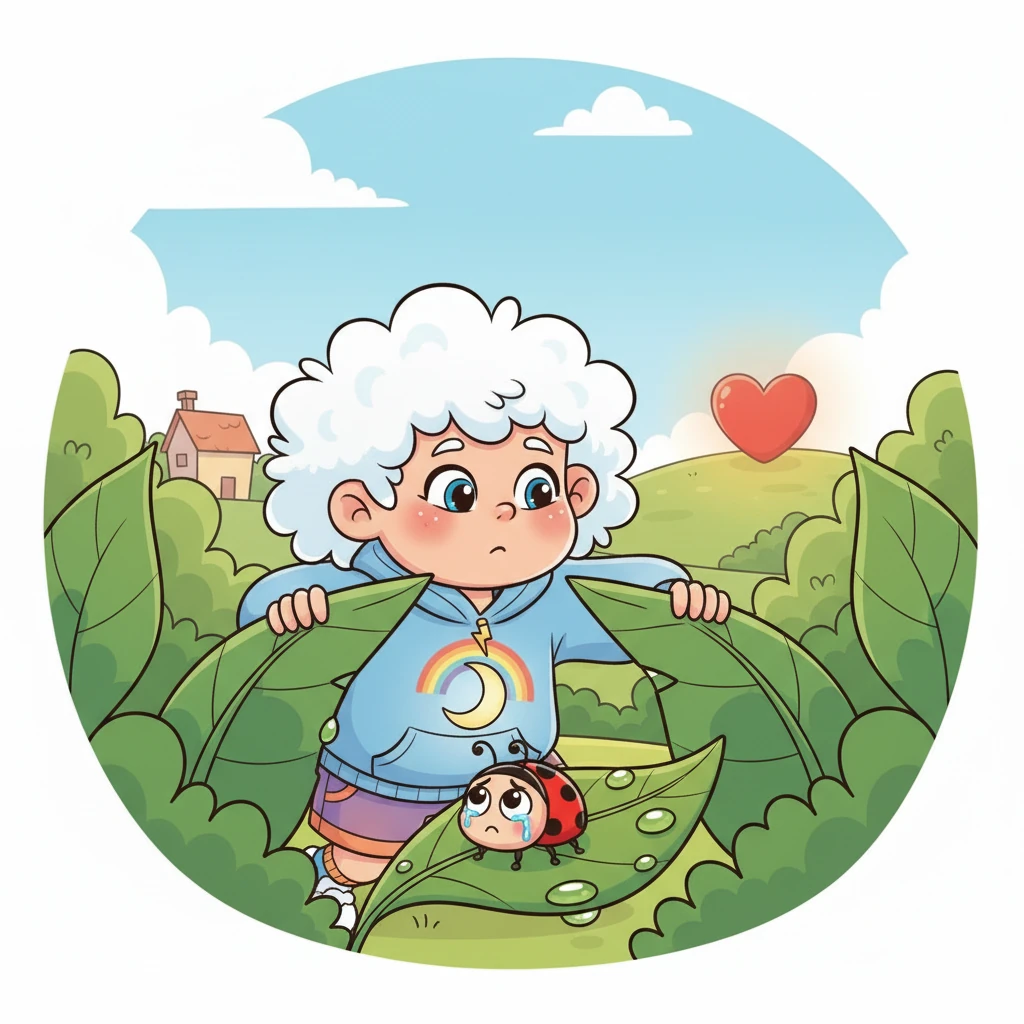 Following the sound, Cloudy gently parted some leaves and discovered a small, red ladybug. She sat all alone on a dew-kissed green leaf, her tiny antennae drooping. Two big, teary eyes looked up, filled with confusion and a hint of fear.