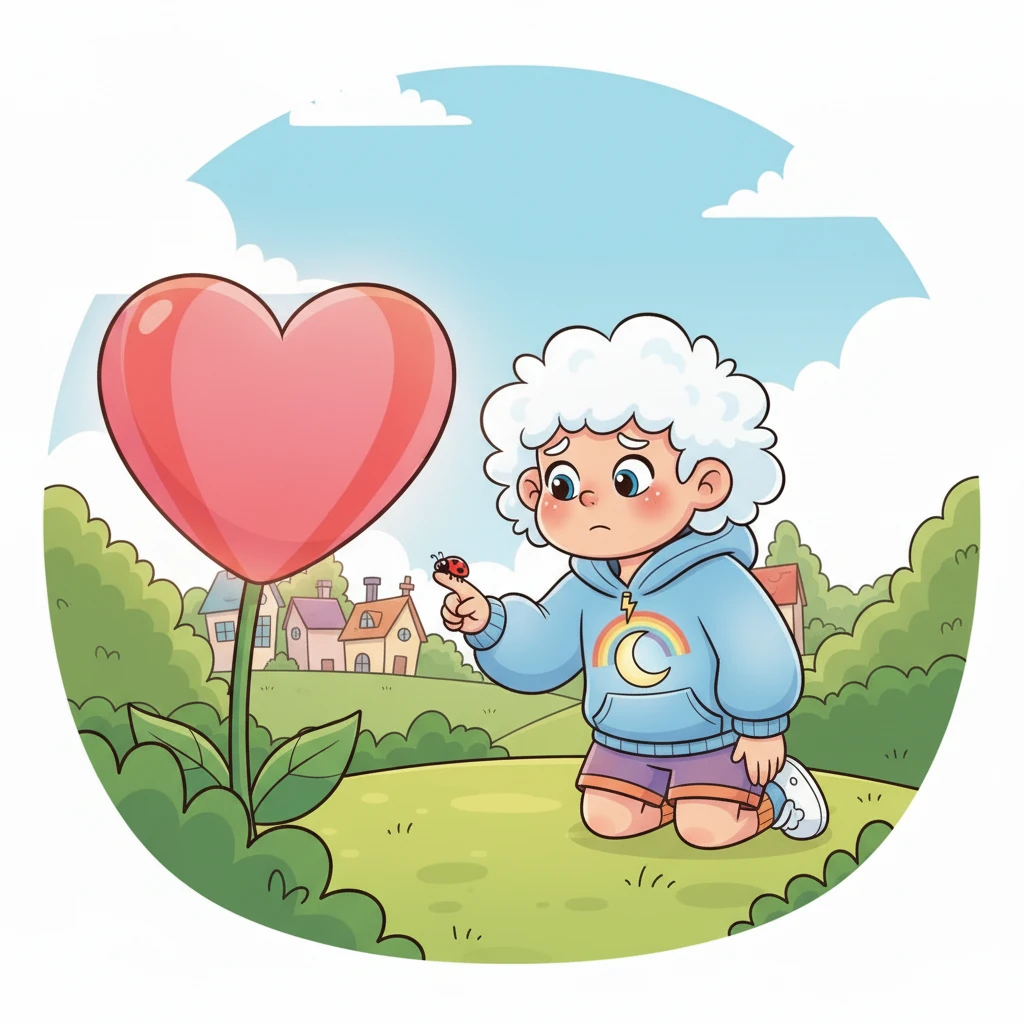 The little ladybug, barely bigger than Cloudy's fingertip, explained her predicament in a tiny, squeaky voice. "Oh dear, I wandered too far from my family," she whispered. "Now I can't find my way back home!" She looked utterly lost and helpless.