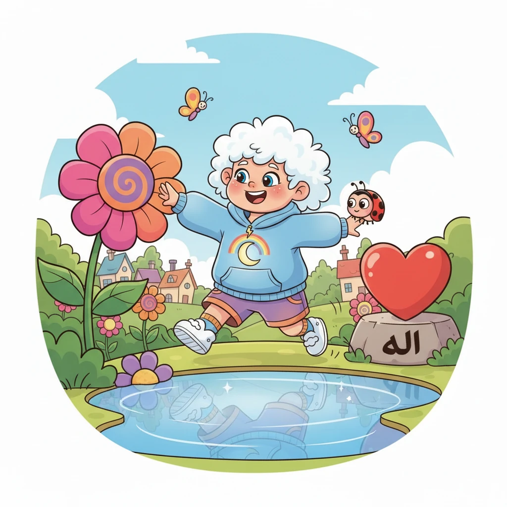 Their path led them to a small, glistening puddle, reflecting the blue sky like a tiny lake. Cloudy carefully lifted his foot, stepping over the watery obstacle with great care. Dotty held on tight, marveling at the adventure from her perch.