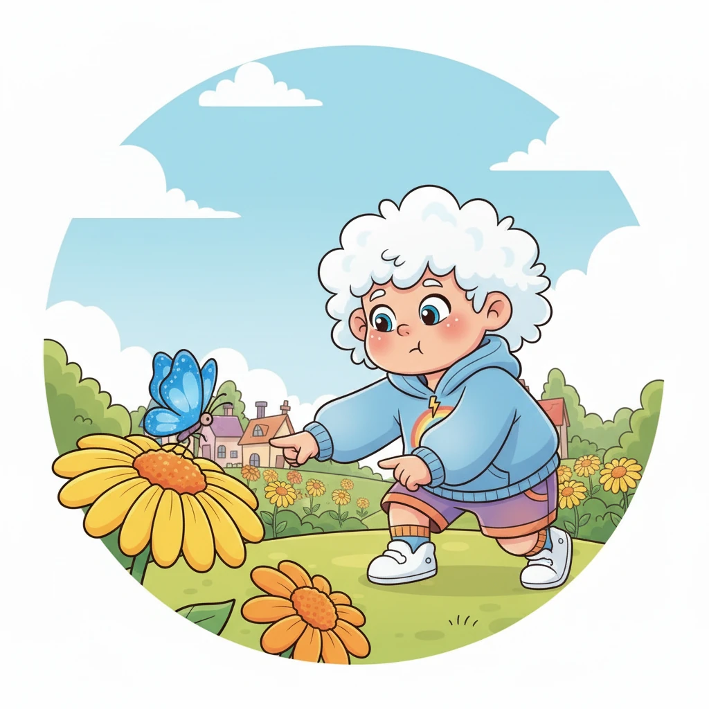As they continued, a friendly, shimmering blue butterfly fluttered down to greet them. "Lost, little one?" it chirped, landing gently on a nearby flower. The butterfly pointed a delicate leg towards a patch of sunny marigolds in the distance, "I saw a whole family of ladybugs over there!"