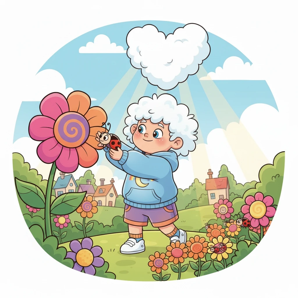 Following the butterfly's helpful tip, Cloudy carefully lifted Dotty up onto a tall, bright sunflower. From this new vantage point, Dotty's antennae twitched with excitement. In the sunny patch of marigolds, she spotted a cluster of familiar red and black dots. "My family!" she cried with joy.