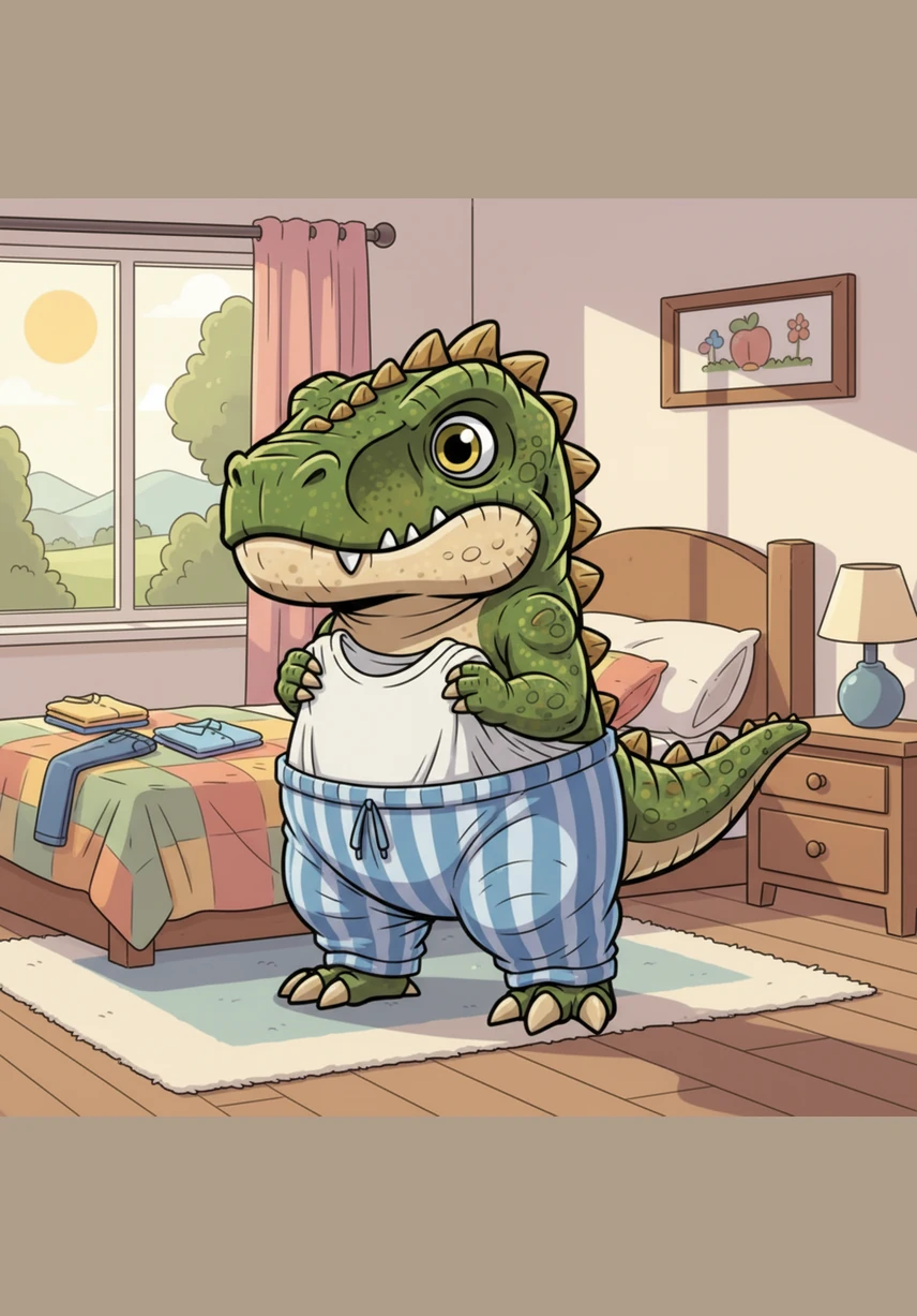 In a cozy room overlooking the streets of Cairo, Rexy the dinosaur pulls a heavy, oversized hoodie over his detailed, reptilian scales. His expressive eyes reflect the soft glow of the early morning sun as he prepares for an adventurous ride through the city.