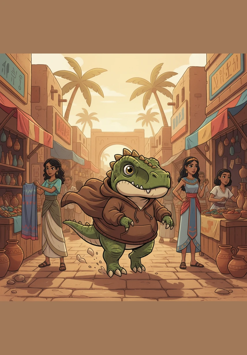 Weaving through the narrow streets, Rexy passes by traditional vendors and colorful storefronts under a hazy, golden sky. The wind catches his hoodie, creating realistic ripples in the fabric as he moves with speed and confidence toward his destination.