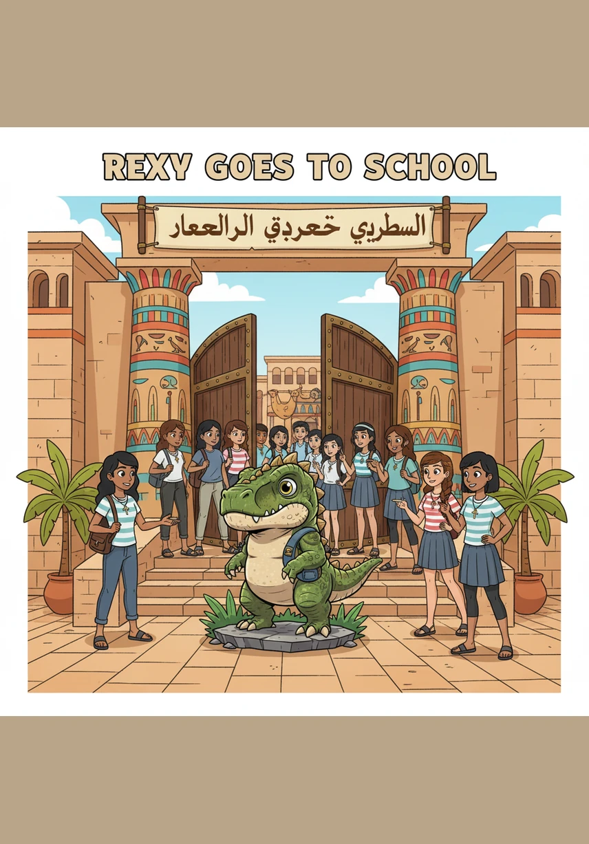 He arrives at the front of the Egyptian commercial girls' high school, where the sign 'مدرسة ثانوي تجاري بنات' hangs prominently over the gate. Groups of students are gathered outside, their attention immediately captured by the sight of the unique rider.