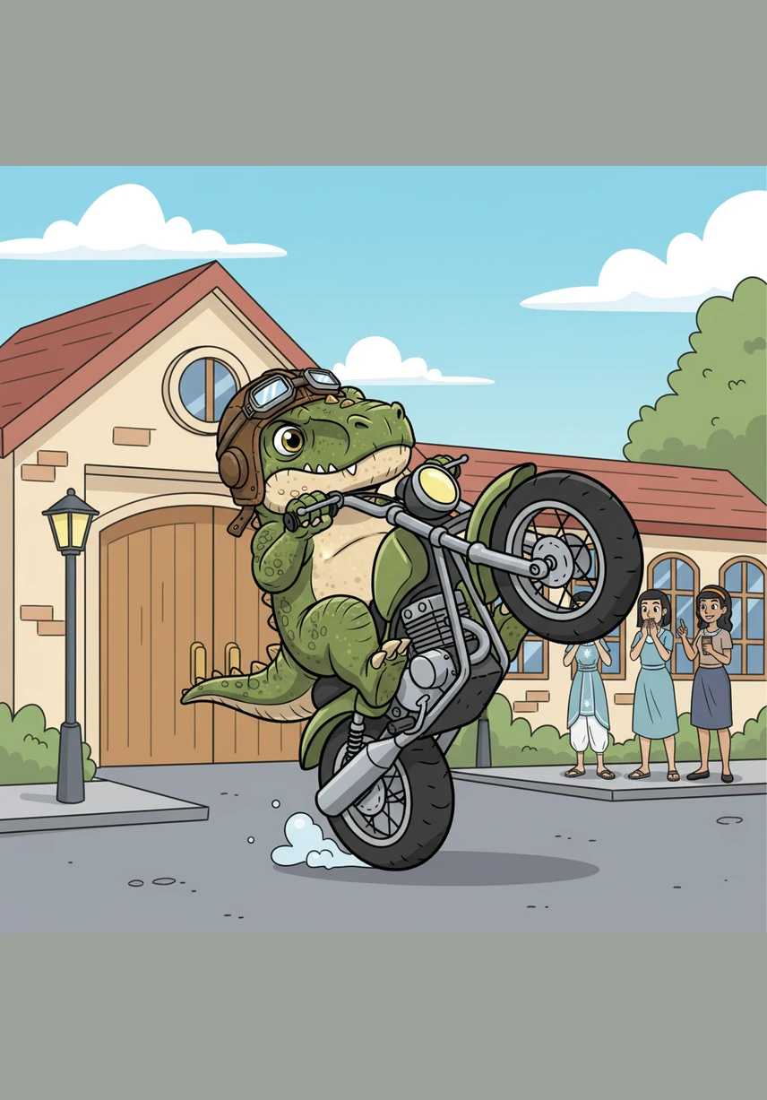 With a sudden burst of power, Rexy pulls the front wheel of the motorcycle high into the air, performing a flawless wheelie. He maintains perfect balance, gliding past the school entrance with the poise of a seasoned stunt professional.