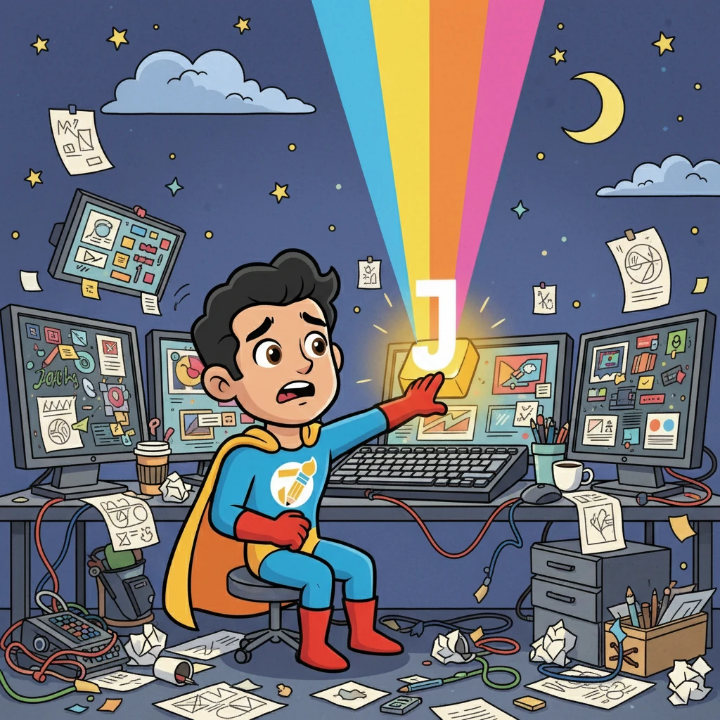 A young designer, overwhelmed by the chaos, looked up with desperation. They reached for a glowing keyboard key, pressing it with a hopeful sigh. A beam of colorful light, shaped like a stylized 'J', shot towards the sky.