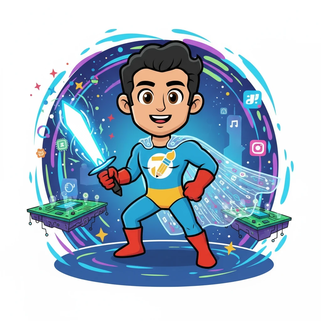 From the digital realm, a figure appeared. It was Jitendra Kashyap, the Design Savior, with a confident grin and a sleek tech-cape made of light patterns. His digital pen glowed like a sword, ready for action.