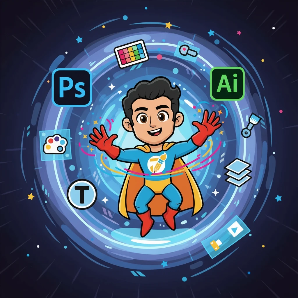 Jitendra entered the designer's screen, stepping into a digital portal. Tools like Photoshop and Illustrator swirled around him like planets. With glowing hand gestures, he began to adjust layers, colors, and typography.