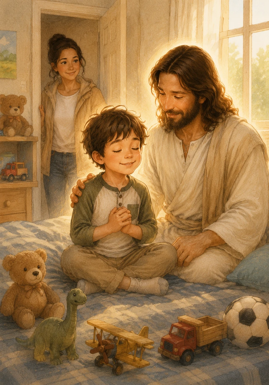 Noa est assis sur son lit, entouré de ses jouets préférés dans sa chambre baignée de lumière matinale. Il ferme les yeux et murmure un premier bonjour à Jésus, sentant une douce chaleur l'envelopper comme un câlin invisible. C'est le début d'une merveilleuse amitié qui va changer sa façon de voir le monde.