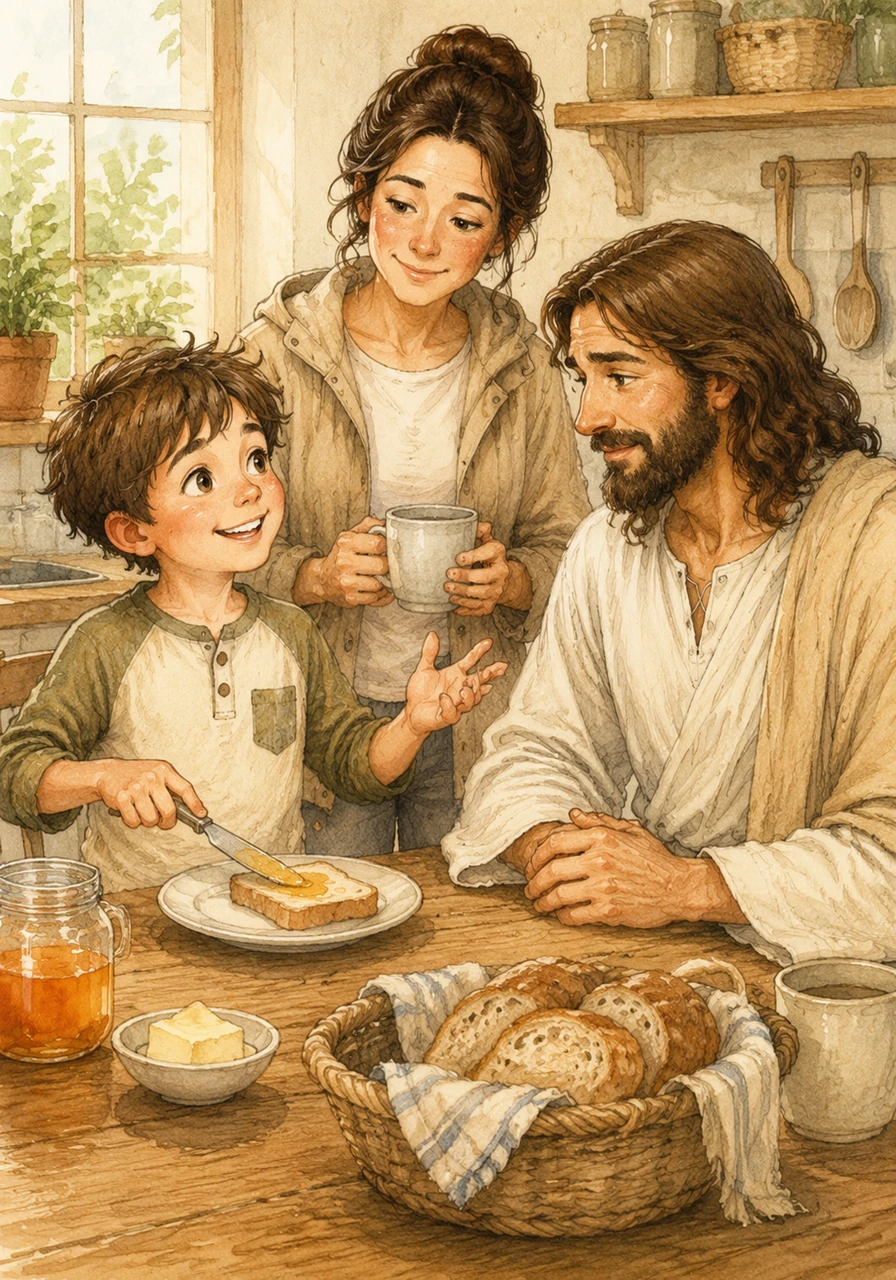 Dans la cuisine, Noa tartine son pain tout en racontant ses projets pour la journée à son Ami invisible. Il rit en sentant que Jésus s'intéresse même aux petites choses, comme le dessin qu'il va faire à l'école ou le jeu de cache-cache prévu à la récréation.