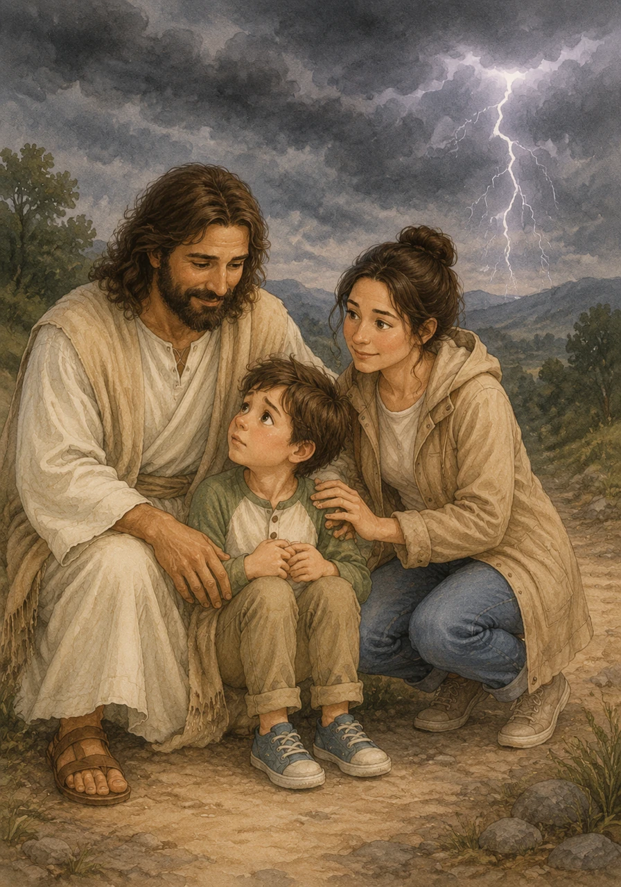 Le ciel devient gris et le tonnerre gronde soudain au loin, ce qui commence à inquiéter le petit Noa. Il se rappelle que Jésus est toujours à ses côtés, même dans la tempête, et il se sent immédiatement en sécurité, protégé par une paix profonde que rien ne peut troubler.