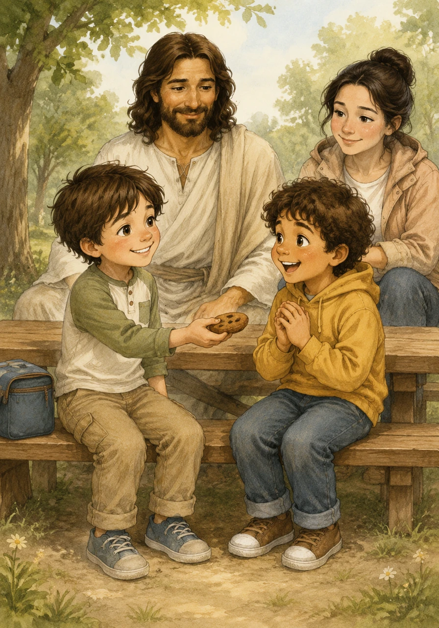 Noa choisit de partager son goûter préféré avec un ami qui a oublié le sien, se souvenant que Jésus nous apprend à aimer les autres. Il voit une étincelle de bonheur dans les yeux de son copain et comprend que donner est le plus beau des cadeaux.