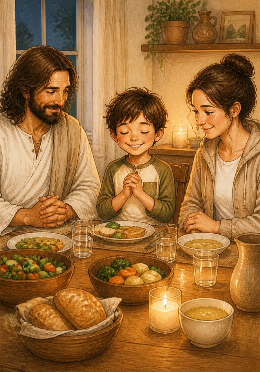 À l'heure du dîner, Noa regarde sa famille réunie autour de la table et ressent une immense gratitude. Il prend un moment pour remercier Jésus pour le repas, pour les rires partagés et pour l'amour qui unit chaque membre de sa maison.
