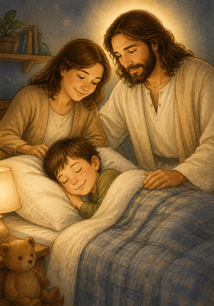 Noa se glisse sous sa couette douillette, les yeux mi-clos et le cœur léger comme une plume. Il s'endort paisiblement avec le sourire, sachant que même dans ses rêves les plus profonds, Jésus veille tendrement sur lui et ne le quittera jamais.