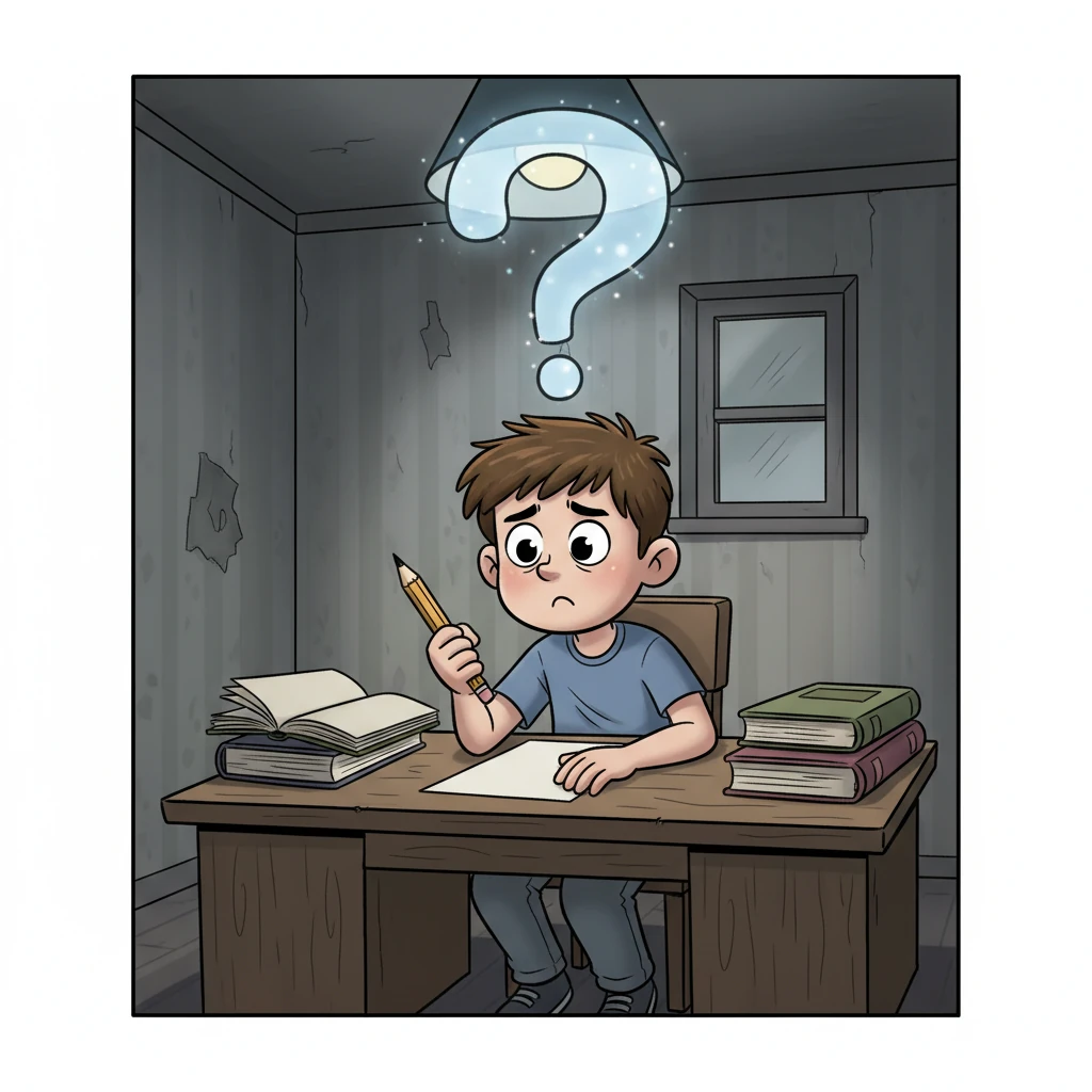 Leo sits at his desk, surrounded by textbooks, a puzzled expression on his face. A giant, swirling question mark hovers above his head, reflecting his uncertainty about the future. His room feels a bit drab, mirroring his lack of direction. He clutches a pencil, but the paper in front of him remains blank.