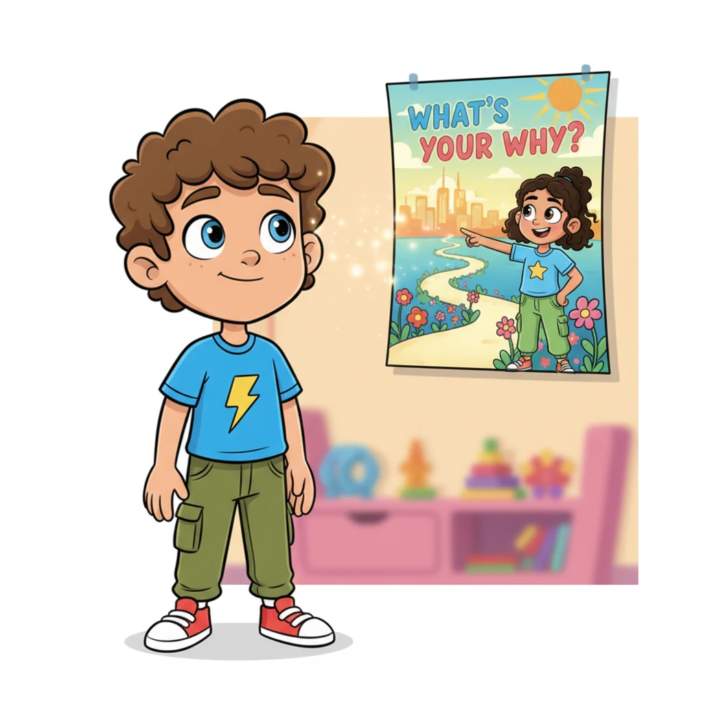 Suddenly, a friendly, encouraging voice seems to whisper from a brightly colored poster on his wall, asking, 'What's YOUR WHY?' The poster features a smiling character pointing to a path leading to a vibrant, sunlit future. Leo looks up, intrigued, a tiny spark of curiosity igniting in his eyes.