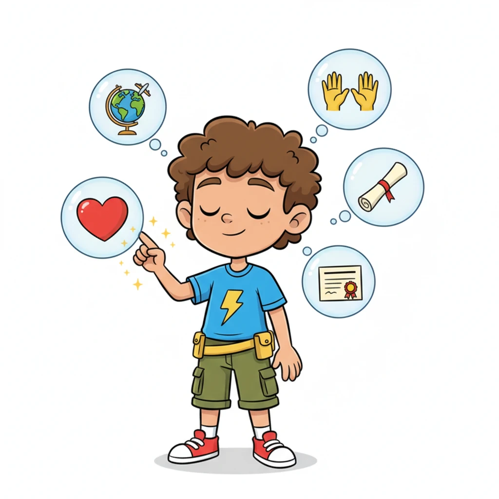 Leo closes his eyes, imagining. Around him, playful thought bubbles float, each depicting a different value: a heart for kindness, a globe for adventure, a diploma for achievement, a helping hand for community. He touches a few, realizing what truly matters to him. His expression shifts from confused to contemplative.