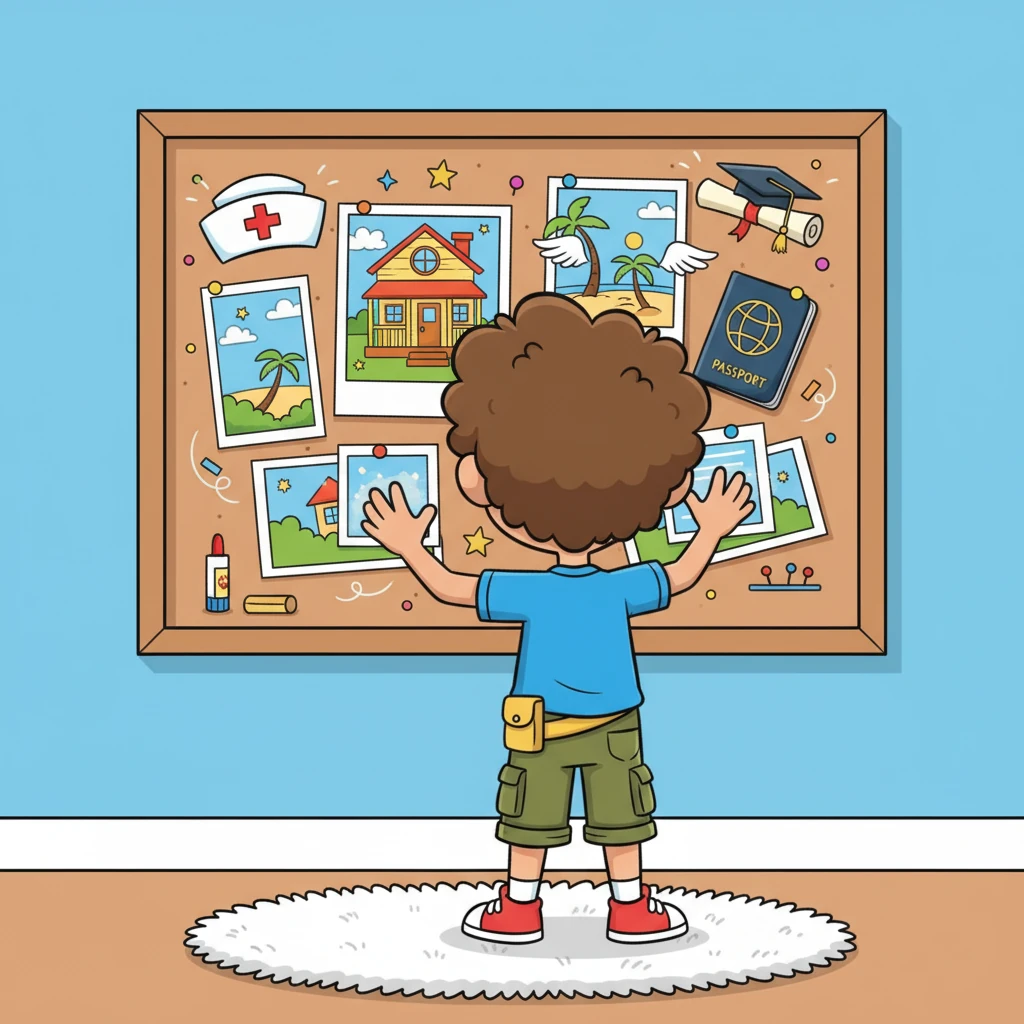 With newfound clarity, Leo enthusiastically creates a magnificent vision board. It's a collage of bright, exaggerated images: a nurse's cap gleaming, a cozy three-bedroom house with a welcoming porch, a passport flying towards an exotic beach, and a shiny graduation scroll. Each element pops with vibrant color and a sense of possibility.